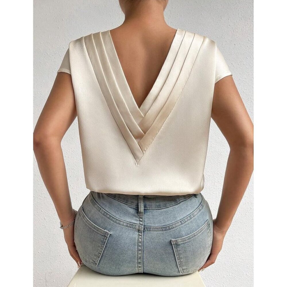 Cream V-Back Pleated Satin Blouse for Women